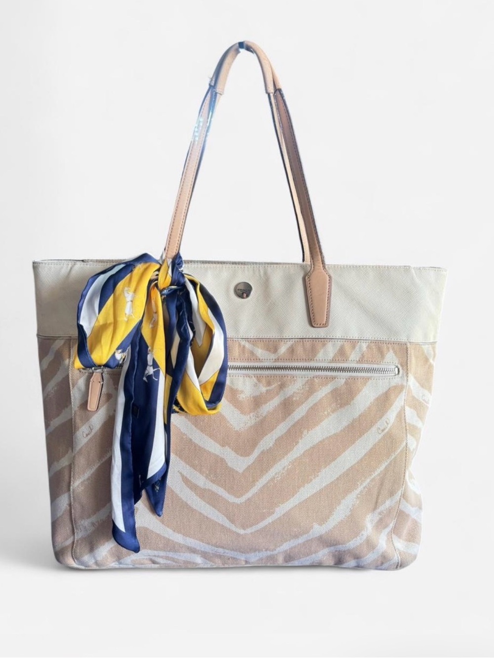 Coach Beige Zebra-Print Tote Bag with Neutral Trim